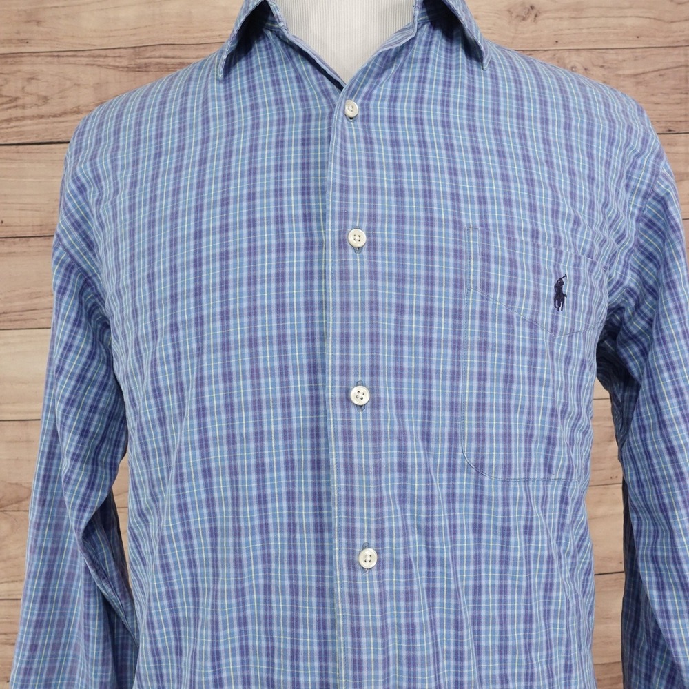 Polo Ralph Lauren Button Down Mens M Blue Plaid Marlowe Cotton Vintage
